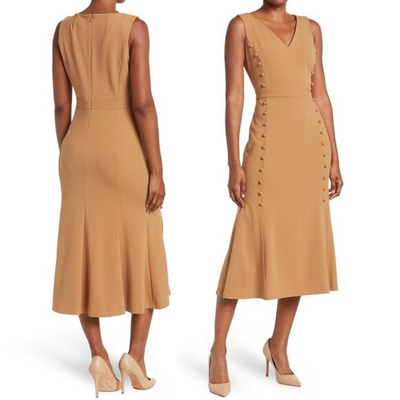 New CALVIN KLEIN Flounce Peplum Mermaid Midi Dress V-Neck Brown Career Office 2 - Picture 1 of 13